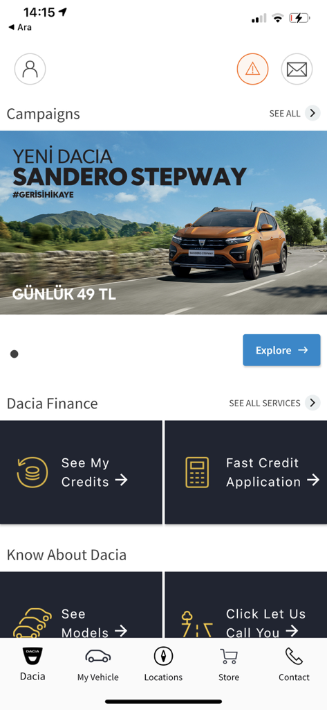 Dacia PORT mobile app dashboard featuring vehicle campaigns and financial credit services