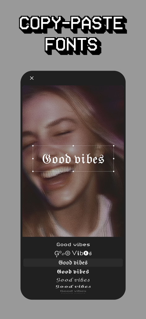 Glitche app typography tool showing stylized font options over a glitched photo