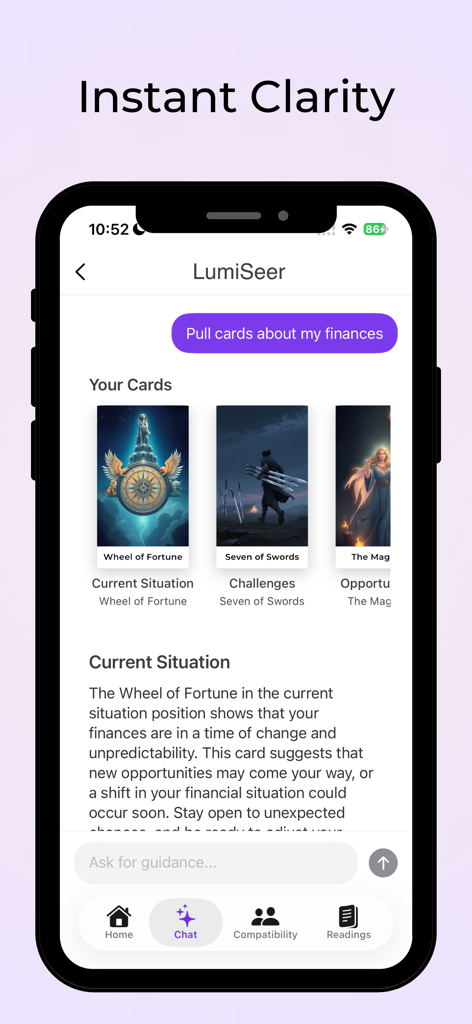 LumiSeer: Tarot & Astrology - LumiSeer app interface showing an AI guided tarot spread for financial insight with the Wheel of Fortune card
