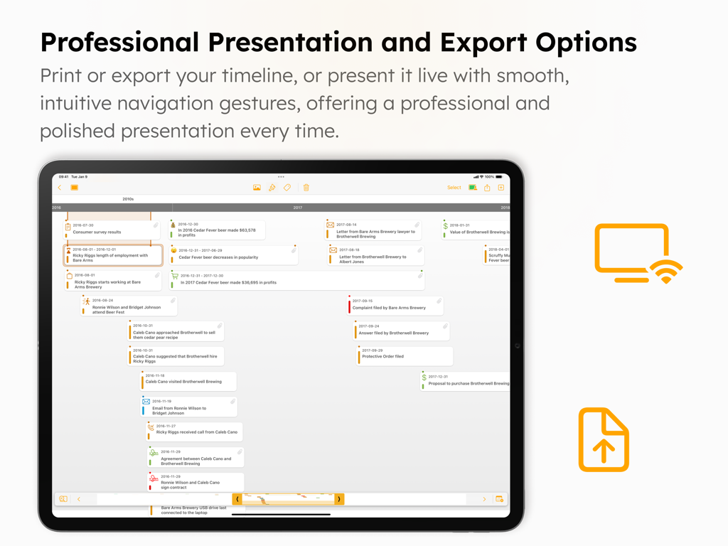 TimelinePad - Create Timelines - TimelinePad app interface on iPad showing professional presentation and export options for legal timelines.