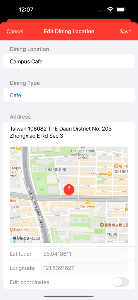 Fudo Note - Fudo Note 앱의 식사 위치 편집 화면으로 지도와 레스토랑 좌표 세부 정보가 특징입니다.