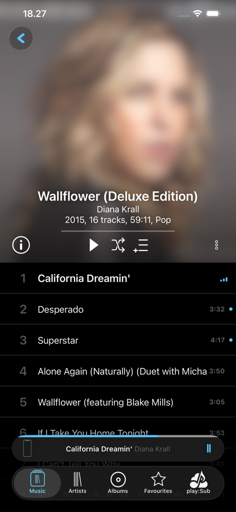 Interfaz de la aplicación play:Sub Music Streamer que muestra la lista de canciones del álbum de Diana Krall y los controles de reproducción