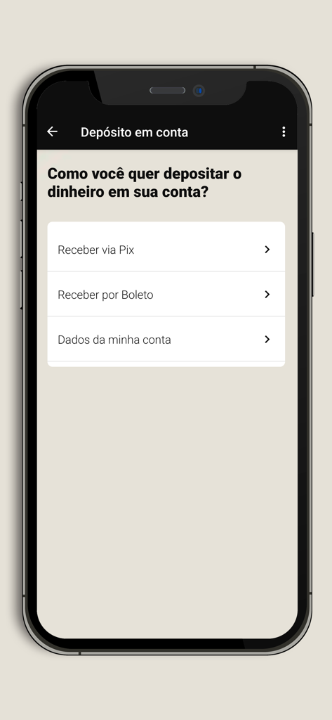 Rappibank PJ - Pantalla de opciones de depósito de la aplicación Rappibank PJ mostrando las opciones de depósito de cuenta, incluyendo Pix y Boleto