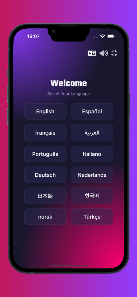 Football quiz games - Language selection screen for the Ultimate Football Quiz mobile app
