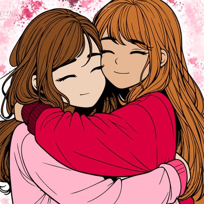 realistic two girls hugging