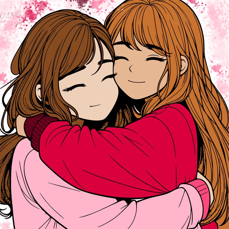 realistic two girls hugging