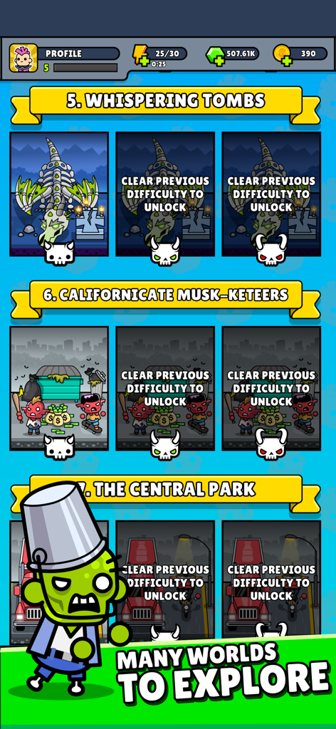 Punko.io: Tower Defense TD - Captura de tela do jogo Punko.io mostrando vários níveis e mundos desbloqueáveis como Whispering Tombs e Central Park.