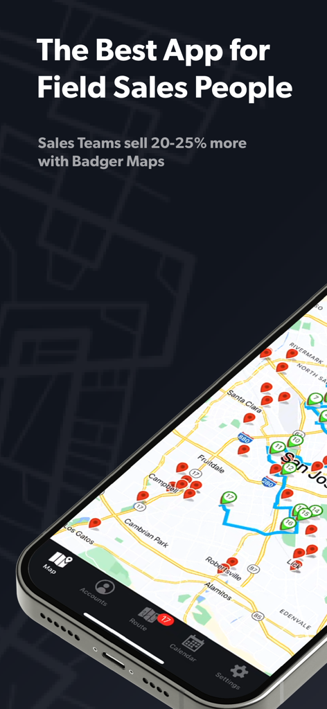 Interfaccia dell'app Badger Maps che mostra l'ottimizzazione dell'itinerario e i lead di vendita su una mappa.