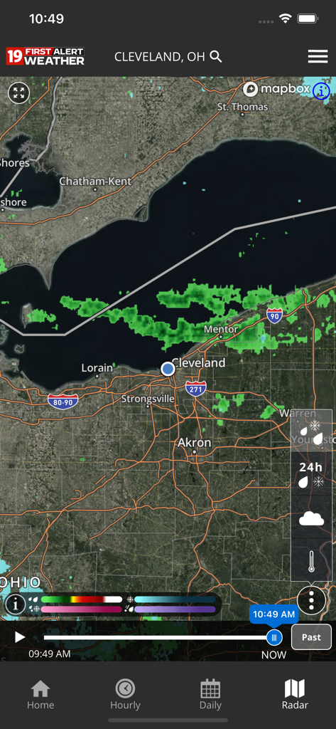 Cleveland19 FirstAlert Weather - A high-resolution weather radar map of Cleveland and Northeast Ohio showing precipitation over Lake Erie in the Cleveland19 FirstAlert Weather app.