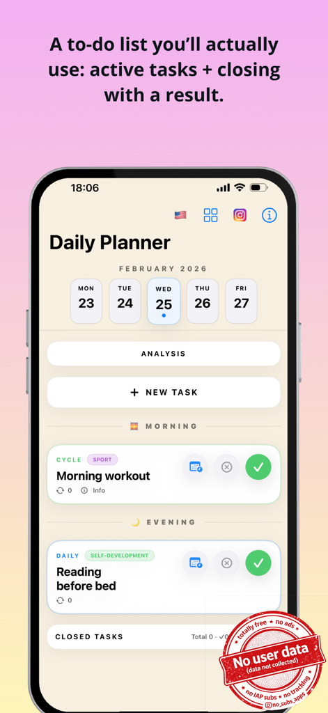 Daily Planner: No Subs Apps - Interfaz de la aplicación Daily Planner que muestra una lista de tareas matutinas y vespertinas con un sello de privacidad de no recopilación de datos del usuario.