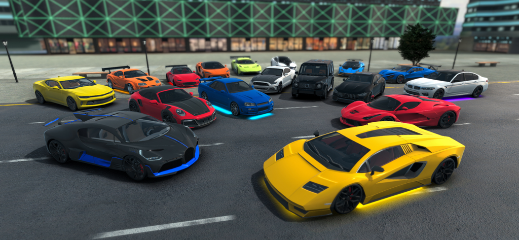 Traffic Racer Pro: Car Racing - Uma grande variedade de super carros e hiper carros de luxo estacionados juntos em um ambiente urbano.