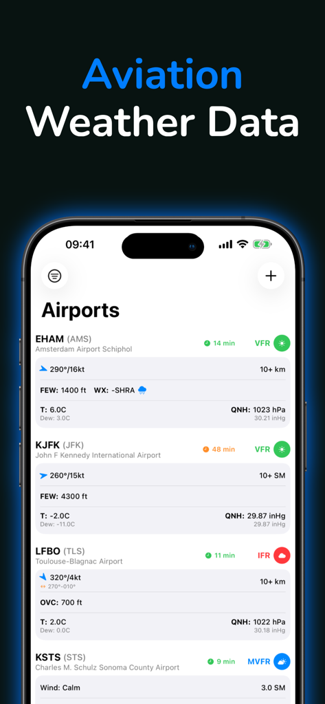 Pantalla de smartphone que muestra datos meteorológicos de aviación decodificados en tiempo real y reglas de vuelo para varios aeropuertos internacionales