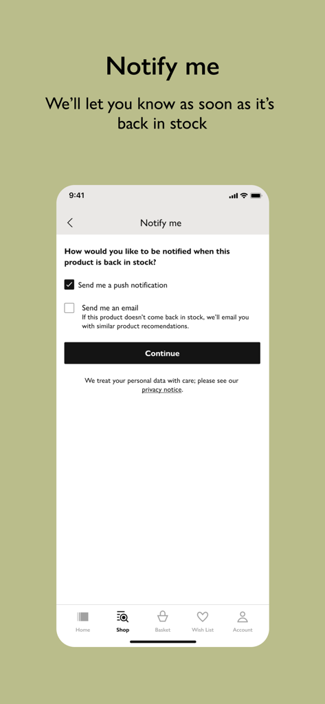 Der John Lewis App-Bildschirm zeigt Optionen, um Benachrichtigungen über wieder verfügbare Artikel per Push-Nachricht oder E-Mail zu erhalten.