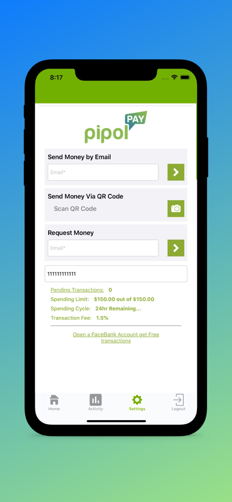 Interfaz de transferencia de dinero de la aplicación móvil Pipol Pay que muestra opciones para enviar dinero por correo electrónico o código QR y solicitar fondos