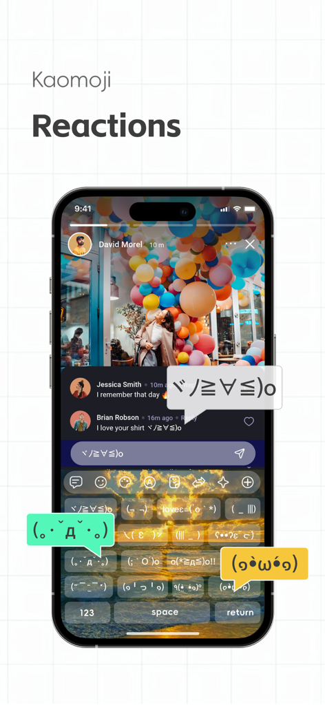 Fonts - Stickers Keyboard - Teclado personalizado con stickers de kaomoji y burbujas de reacción en una interfaz de historias de redes sociales