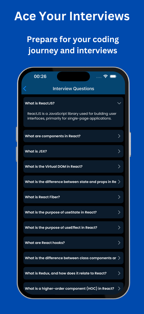 Tela móvel mostrando uma lista de perguntas e respostas de entrevistas React para preparação de empregos