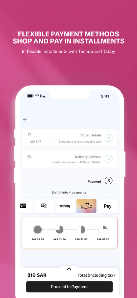 Deraah | درعــه - Deraah mobile app checkout screen showing flexible payment options and installment plans with Tabby and Tamara