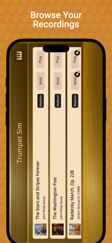 Pantalla de lista de grabaciones que muestra canciones guardadas en la aplicación Trumpet Sim