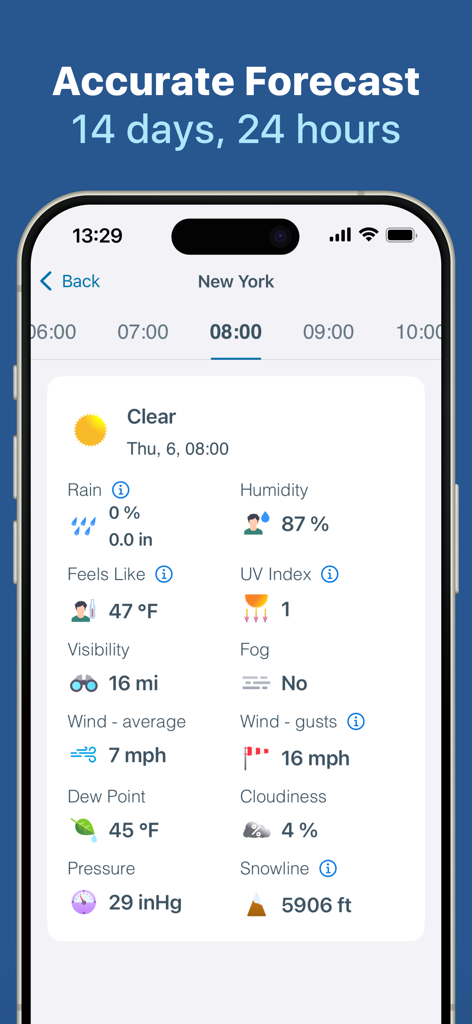 Meteored app detailed hourly weather forecast for New York showing temperature humidity and wind data.