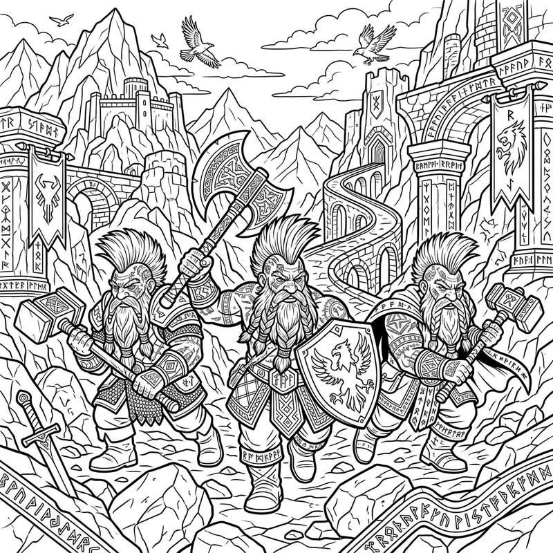Embark on an epic journey with these formidable Dwarf Slayers, ready for battle in a richly detailed fantasy landscape. This intricate coloring page invites you to bring their brave world to life with your favorite colors.
