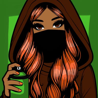 girl wearing a mask with long hair with her hood up spray-painting realistic