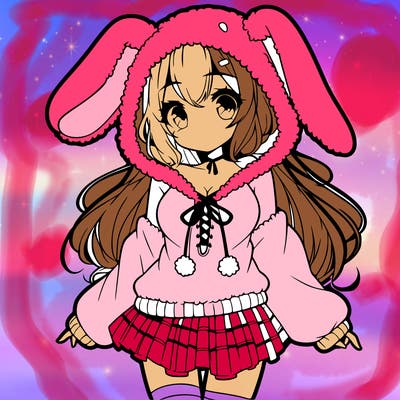 pretty anime girl wearing a fluffy hoodie with bunny ears on the hood and a skirt