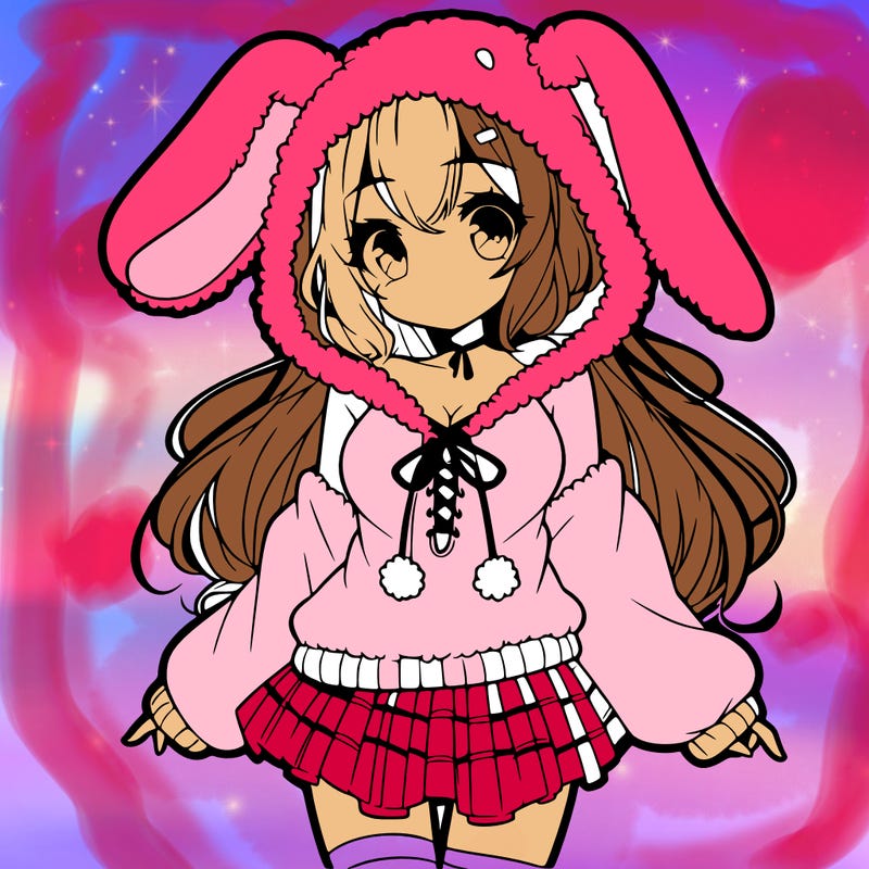 pretty anime girl wearing a fluffy hoodie with bunny ears on the hood and a skirt