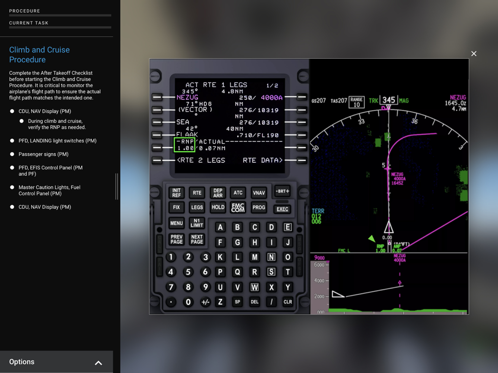 Cockpit-Oberfläche in der Boeing VA Procedures Trainer App, die eine Checkliste für Steigflug und Reiseflug mit Flugnavigationsanzeigen zeigt.