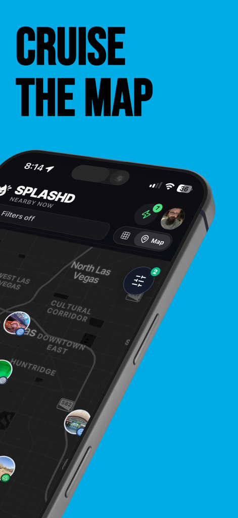 Splashd: Gay Dating & Cruising - Interfaccia dell'app mobile Splashd che mostra la visualizzazione mappa in tempo reale per incontri e cruising gay.