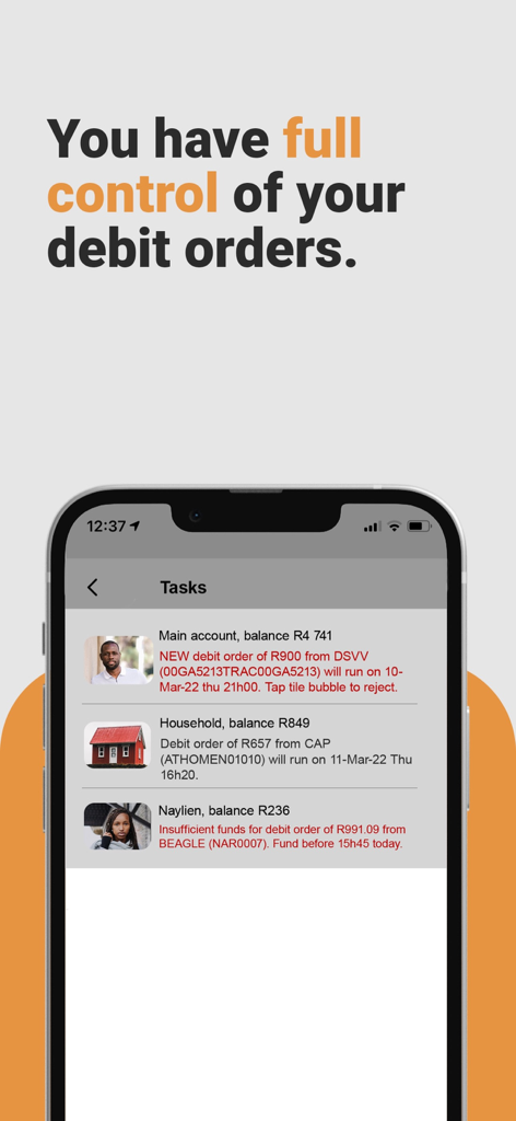 Bank Zero mobile app screen showing debit order task management and account notifications.