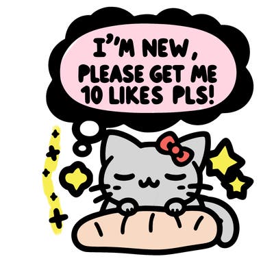 kitty taking a nap dream talking and saying "i'm new, please get me at least 10 likes pls!!"