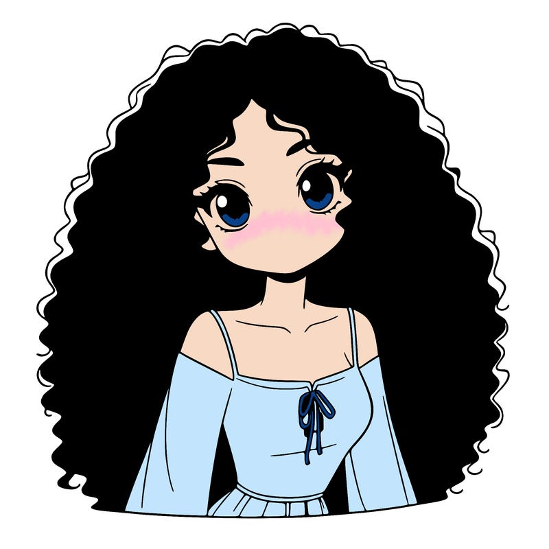 a black anime girl with long afro hair