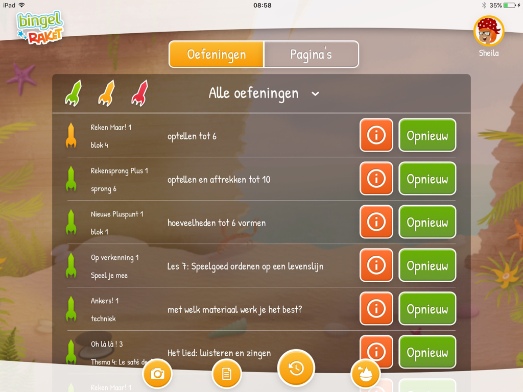 進捗状況の追跡のために色付きのロケットアイコンが表示された生徒の練習問題リストを示すBingel Raketアプリの画面