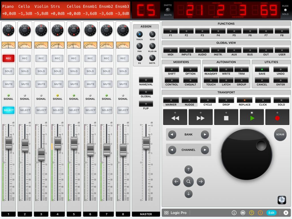 ONE Control Plus - Tela do iPad exibindo um mixer de estação de trabalho de áudio digital com faders e controles de transporte para Logic Pro