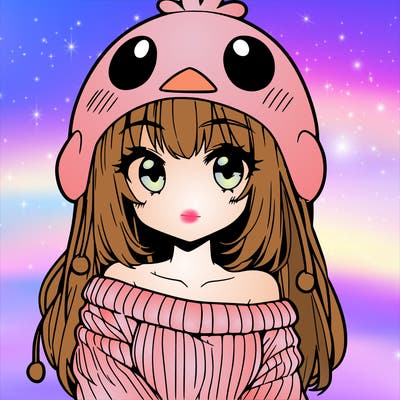 anime girl with chick shaped hat with sweater with bare shoulders with bangs covering them one eye with low tail