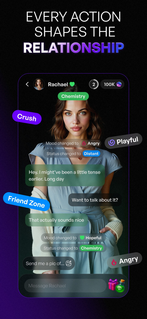 EVA: Chat with AI Girlfriend - Uma captura de tela da interface do aplicativo EVA AI mostrando um bate-papo com um personagem de IA onde as escolhas de diálogo afetam o humor e o status do relacionamento