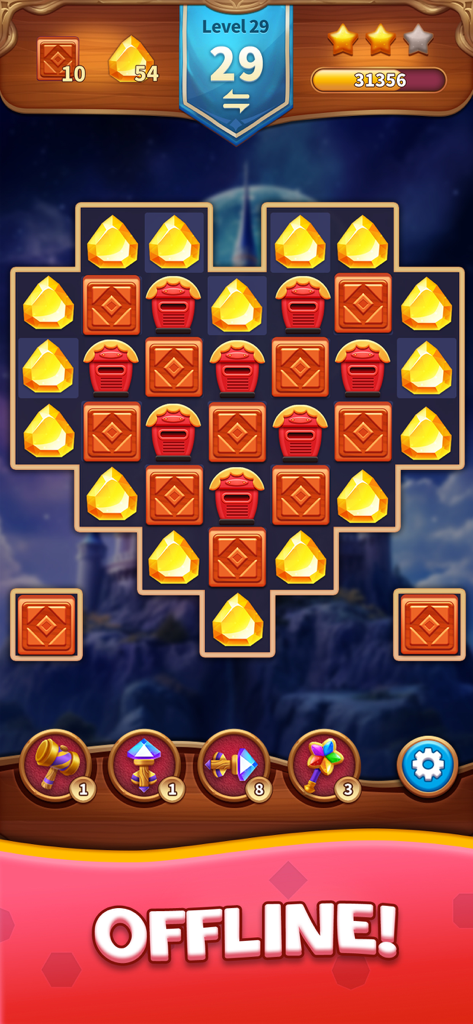 Jewels Adventure Match Blast - A heart shaped puzzle board with yellow gems and red blocks in a match 3 game highlighting offline play