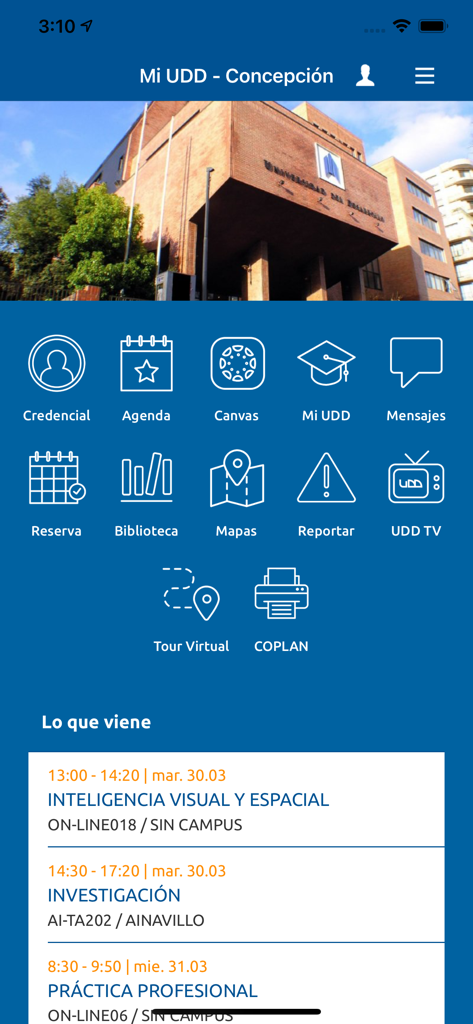 Mi UDD - Schermata principale dell'app mobile Mi UDD con icone dei servizi universitari e orario delle lezioni degli studenti.