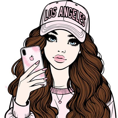 realistic beautiful girl wearing los ángeles cap holding an iphone