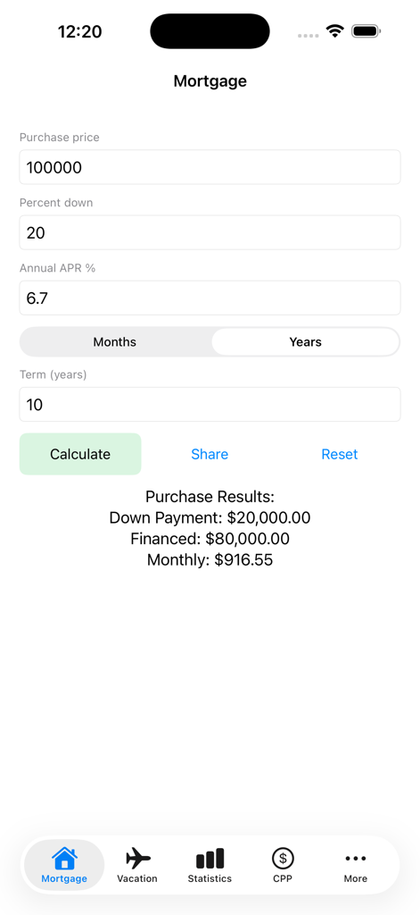 Mortgage calculator screen in the Timeshare plus app showing loan details and monthly payment results
