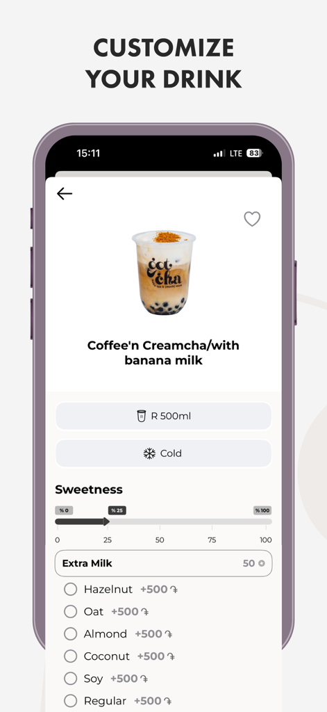 Gotcha boba bar - Interfaz de la aplicación móvil Gotcha boba bar para personalizar una bebida de café con niveles de leche y dulzor
