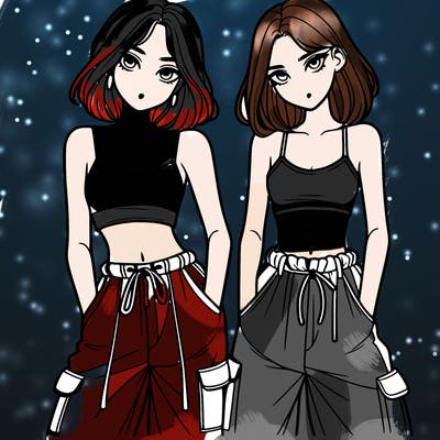 two girls with crop top with baggy pants