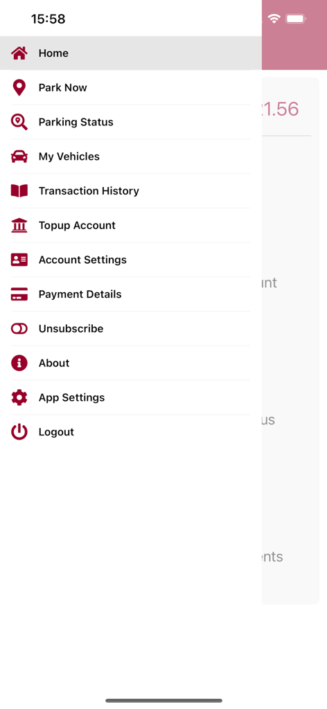 Side navigation menu of the Galway City Parking mobile app showing options for parking and account settings