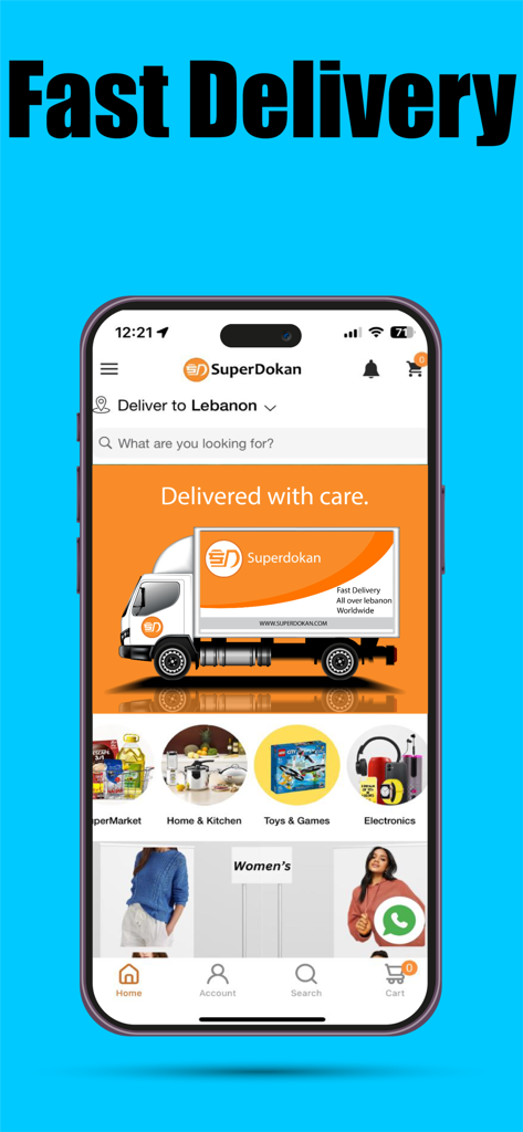 SuperDokan Shopping - SuperDokan shopping app interface highlighting fast delivery services in Lebanon with a delivery truck graphic.