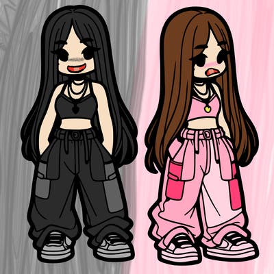 girl in baggy pants crop top and long hair