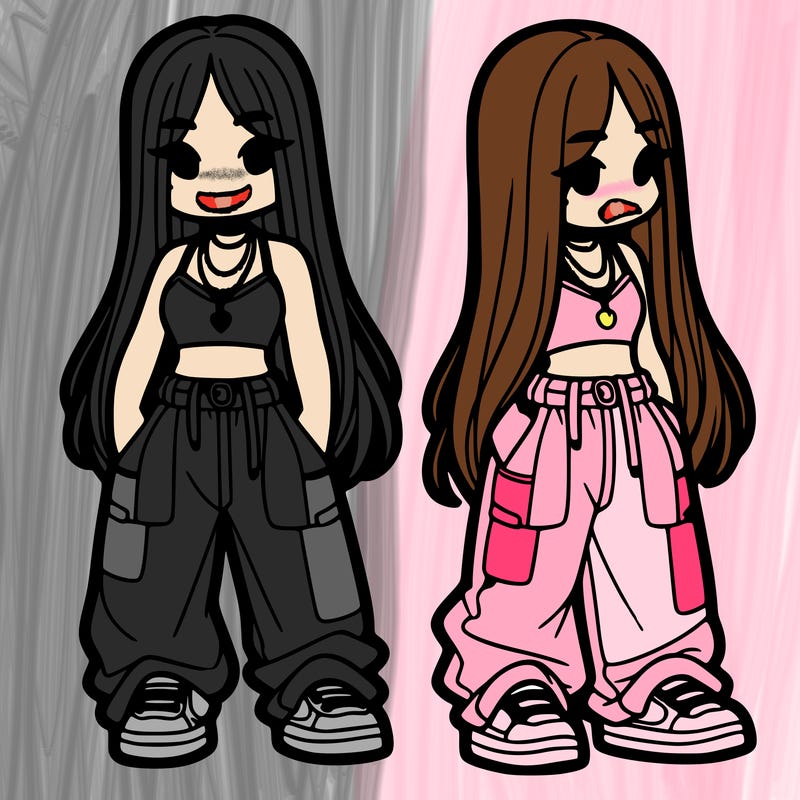 girl in baggy pants crop top and long hair