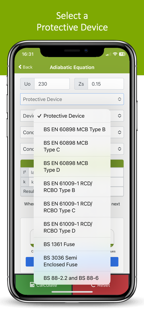 A dropdown list for selecting protective devices like MCB and RCD within the Adiabatic Equation Calculator app interface
