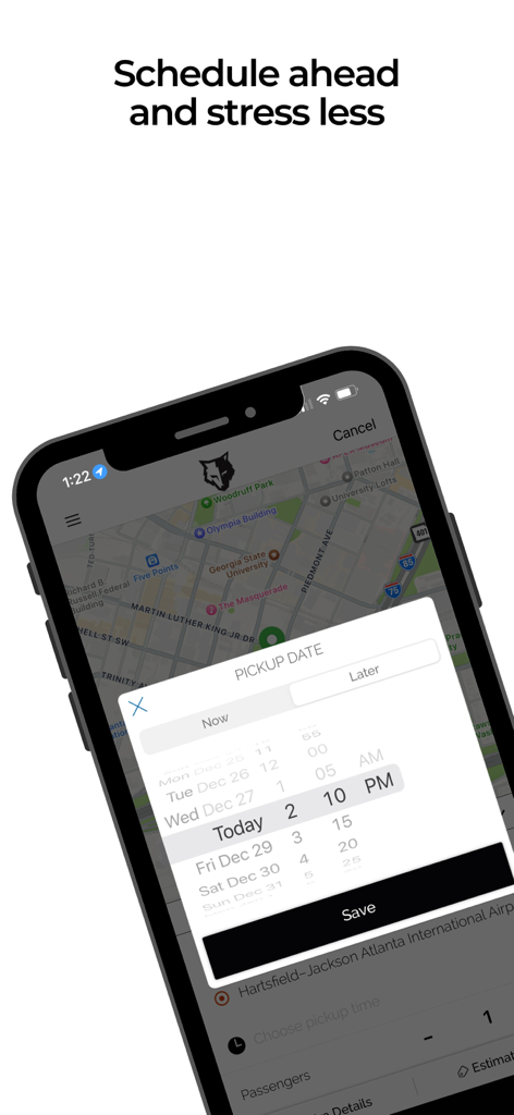 BlackWolf App - Interface of BlackWolf App showing the schedule ahead feature for booking secure transportation in advance