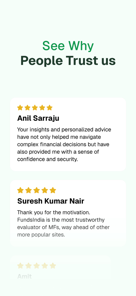 Screenshot of the FundsIndia app showing customer testimonials and five-star reviews under the heading See Why People Trust us.