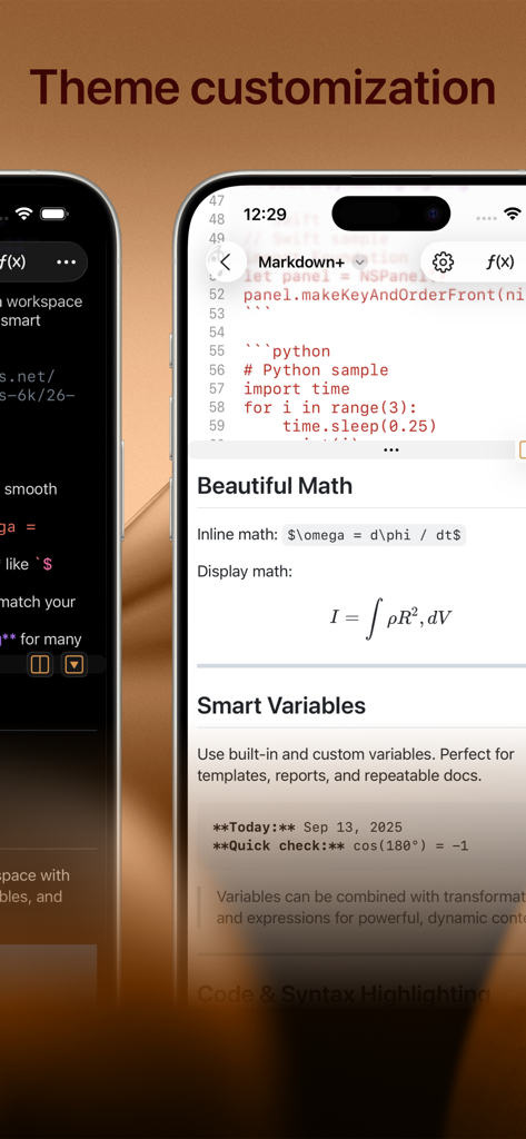 Markdown+ Text & Code Editor - Markdown plus text editor displaying theme customization math formulas and smart variables on iPhone